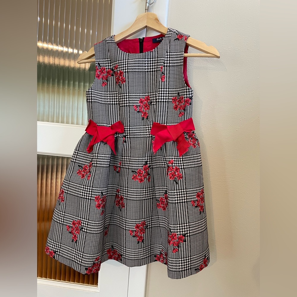 Brooks Brothers Girl Size 10 Black and White Houndstooth w/ Red Floral Dress